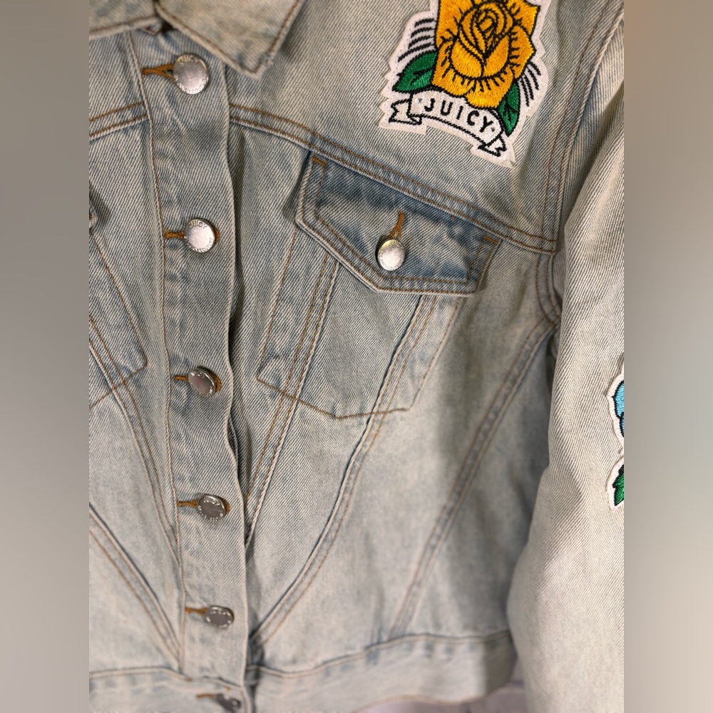 Juicy Couture Cabana Wash Tattoo Patch Distressed Cropped Urban Denim Jacket S - Picture 5 of 14